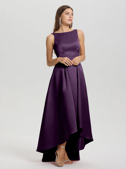 A-Line Sleeveless High Low Satin Bodice V-Back Bridesmaid Dress