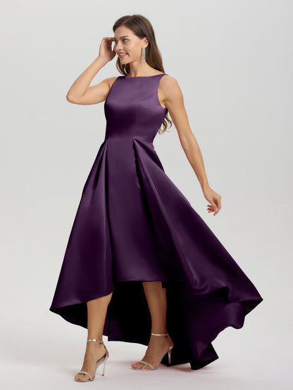 A-Line Sleeveless High Low Satin Bodice V-Back Bridesmaid Dress
