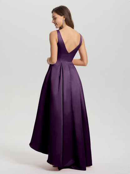 A-Line Sleeveless High Low Satin Bodice V-Back Bridesmaid Dress