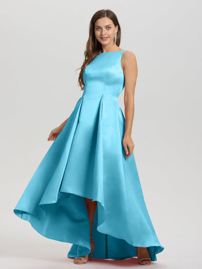 A-Line Sleeveless High Low Satin Bodice V-Back Bridesmaid Dress