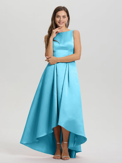 A-Line Sleeveless High Low Satin Bodice V-Back Bridesmaid Dress
