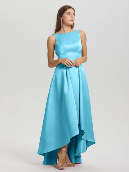 A-Line Sleeveless High Low Satin Bodice V-Back Bridesmaid Dress