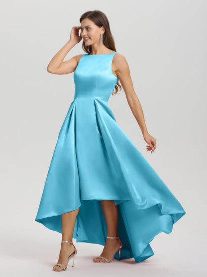 A-Line Sleeveless High Low Satin Bodice V-Back Bridesmaid Dress