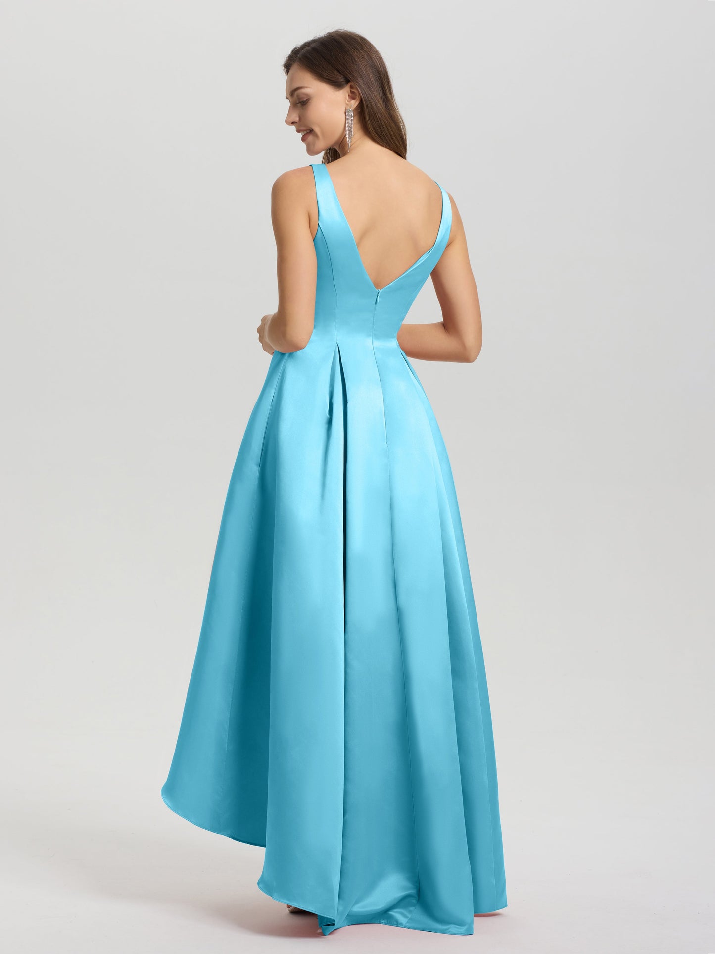 A-Line Sleeveless High Low Satin Bodice V-Back Bridesmaid Dress