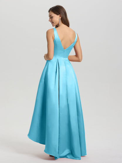 A-Line Sleeveless High Low Satin Bodice V-Back Bridesmaid Dress