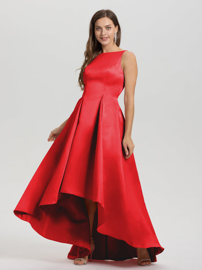 A-Line Sleeveless High Low Satin Bodice V-Back Bridesmaid Dress