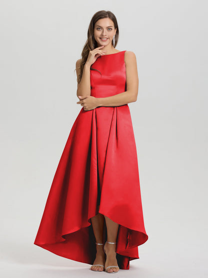 A-Line Sleeveless High Low Satin Bodice V-Back Bridesmaid Dress
