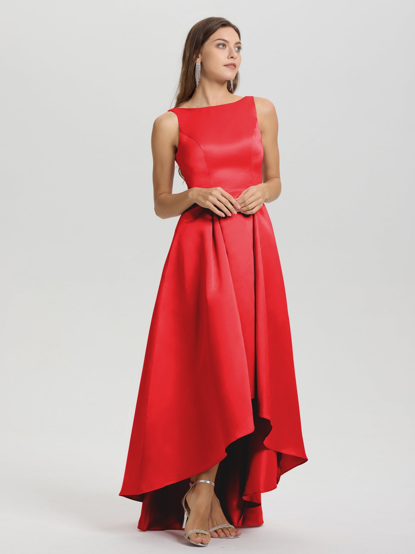 A-Line Sleeveless High Low Satin Bodice V-Back Bridesmaid Dress