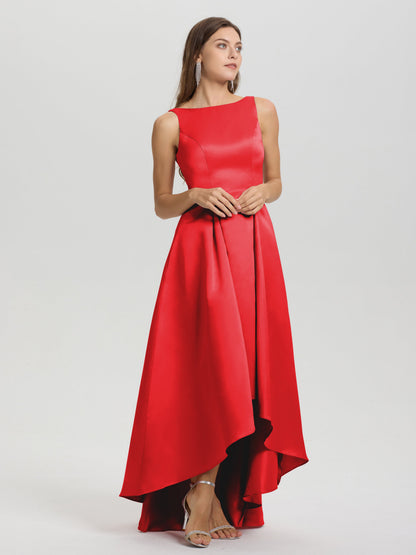 A-Line Sleeveless High Low Satin Bodice V-Back Bridesmaid Dress
