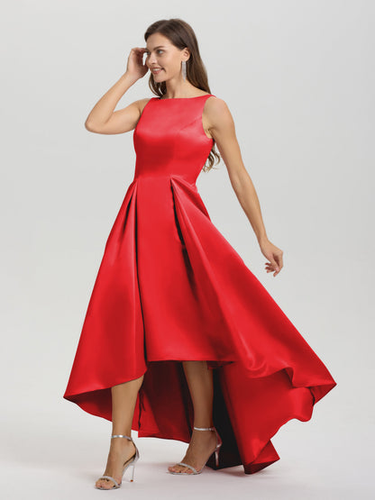 A-Line Sleeveless High Low Satin Bodice V-Back Bridesmaid Dress