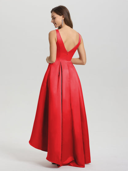 A-Line Sleeveless High Low Satin Bodice V-Back Bridesmaid Dress