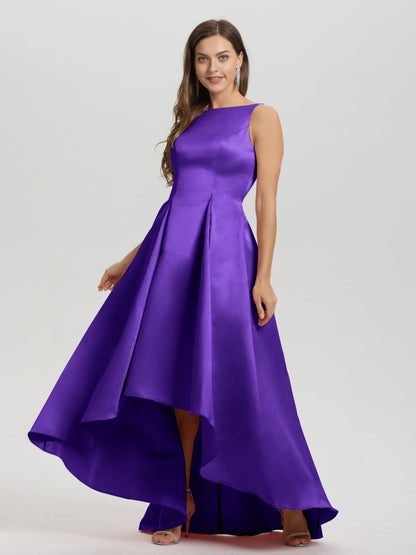 A-Line Sleeveless High Low Satin Bodice V-Back Bridesmaid Dress