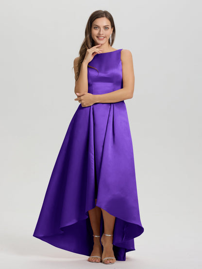 A-Line Sleeveless High Low Satin Bodice V-Back Bridesmaid Dress