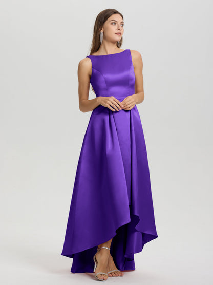 A-Line Sleeveless High Low Satin Bodice V-Back Bridesmaid Dress