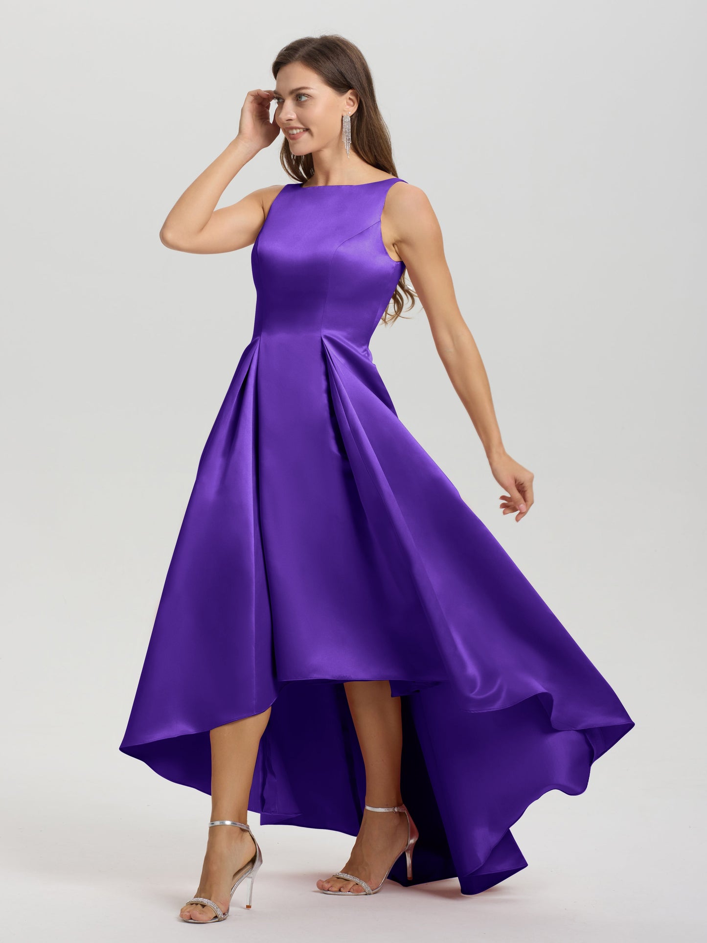 A-Line Sleeveless High Low Satin Bodice V-Back Bridesmaid Dress