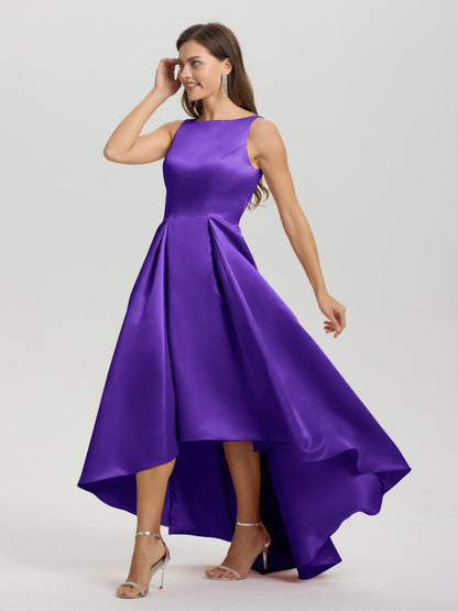 A-Line Sleeveless High Low Satin Bodice V-Back Bridesmaid Dress