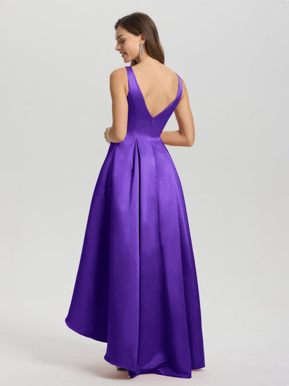 A-Line Sleeveless High Low Satin Bodice V-Back Bridesmaid Dress