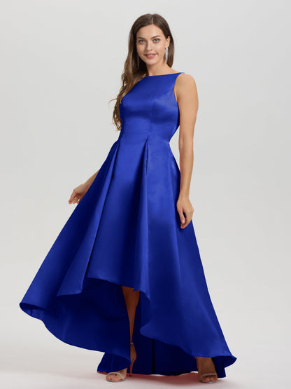 A-Line Sleeveless High Low Satin Bodice V-Back Bridesmaid Dress