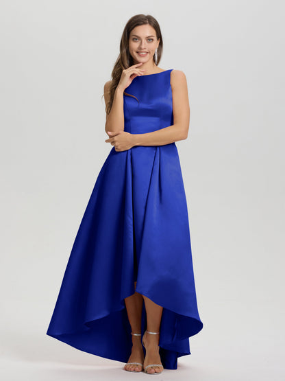 A-Line Sleeveless High Low Satin Bodice V-Back Bridesmaid Dress