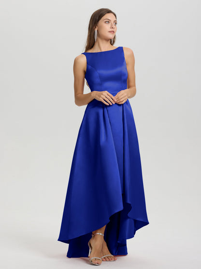 A-Line Sleeveless High Low Satin Bodice V-Back Bridesmaid Dress
