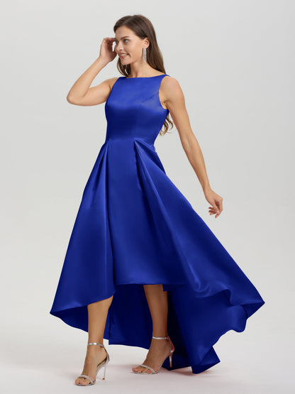 A-Line Sleeveless High Low Satin Bodice V-Back Bridesmaid Dress