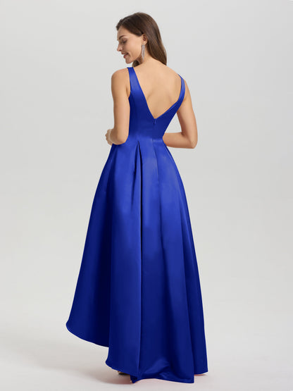 A-Line Sleeveless High Low Satin Bodice V-Back Bridesmaid Dress