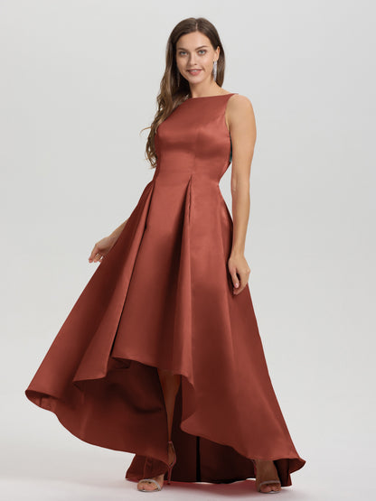 A-Line Sleeveless High Low Satin Bodice V-Back Bridesmaid Dress