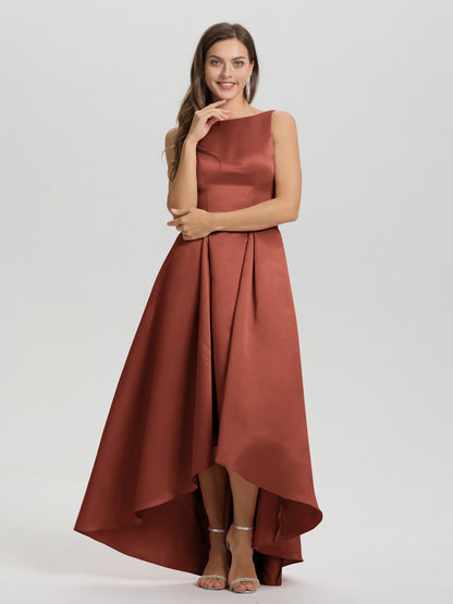 A-Line Sleeveless High Low Satin Bodice V-Back Bridesmaid Dress