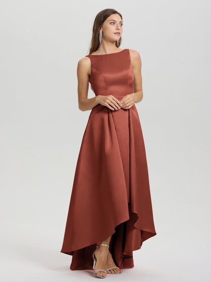 A-Line Sleeveless High Low Satin Bodice V-Back Bridesmaid Dress