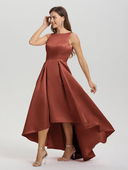 A-Line Sleeveless High Low Satin Bodice V-Back Bridesmaid Dress