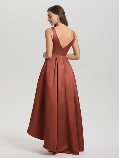 A-Line Sleeveless High Low Satin Bodice V-Back Bridesmaid Dress