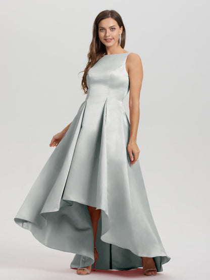 A-Line Sleeveless High Low Satin Bodice V-Back Bridesmaid Dress