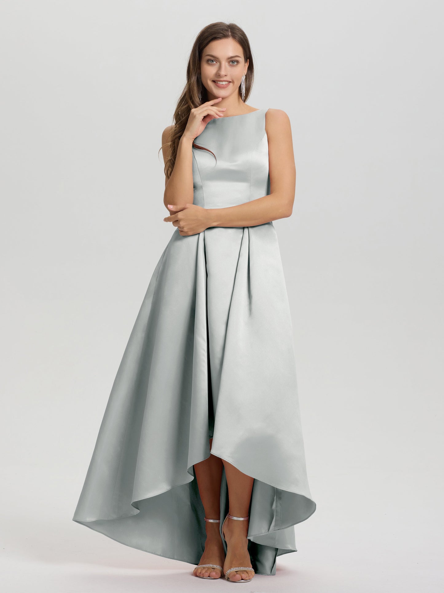 A-Line Sleeveless High Low Satin Bodice V-Back Bridesmaid Dress