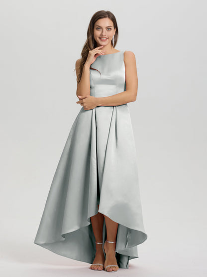 A-Line Sleeveless High Low Satin Bodice V-Back Bridesmaid Dress