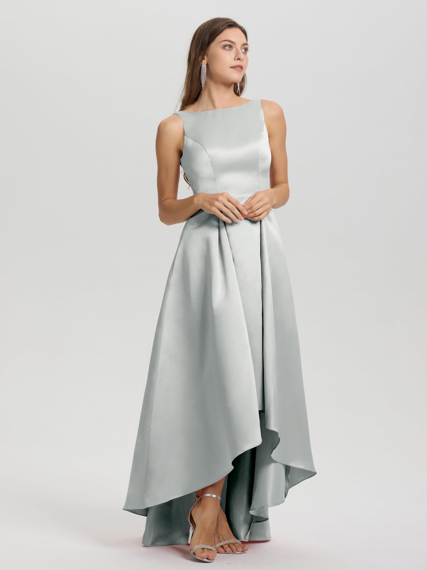 A-Line Sleeveless High Low Satin Bodice V-Back Bridesmaid Dress