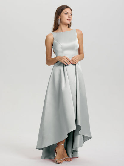 A-Line Sleeveless High Low Satin Bodice V-Back Bridesmaid Dress
