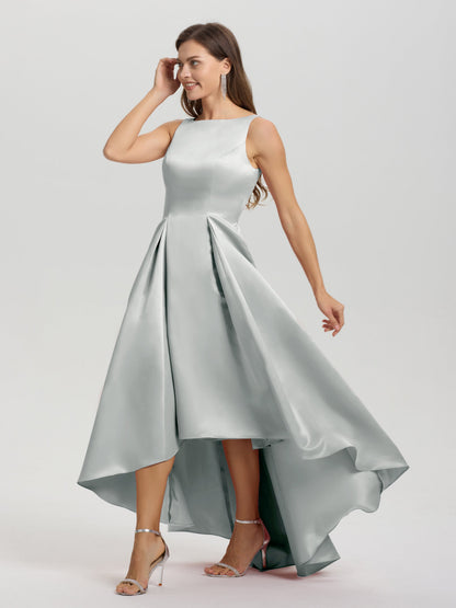 A-Line Sleeveless High Low Satin Bodice V-Back Bridesmaid Dress