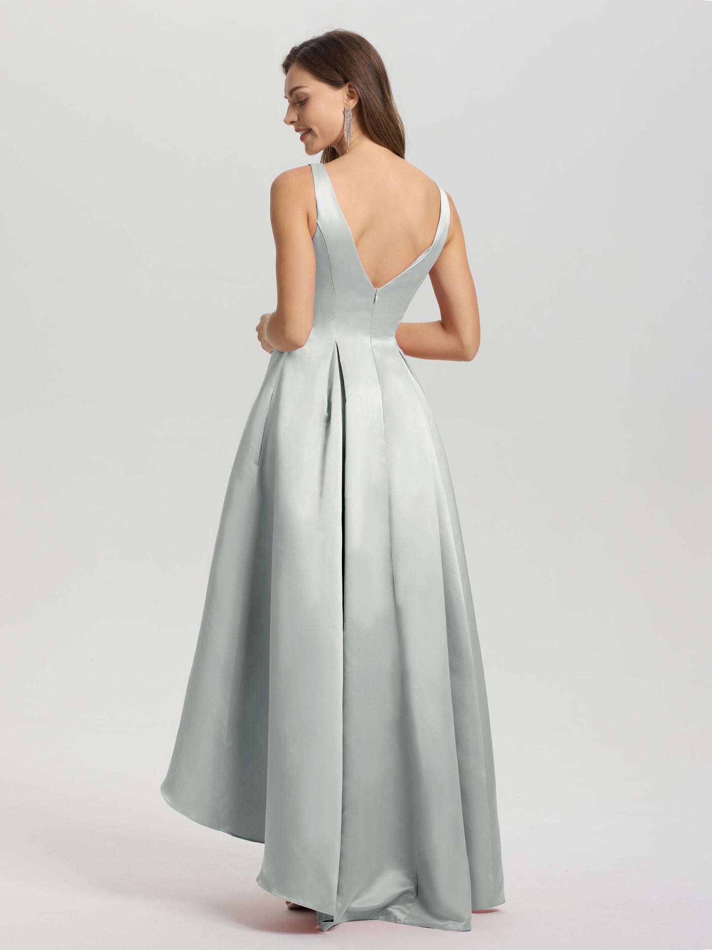 A-Line Sleeveless High Low Satin Bodice V-Back Bridesmaid Dress