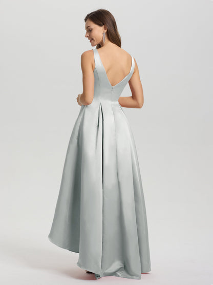 A-Line Sleeveless High Low Satin Bodice V-Back Bridesmaid Dress