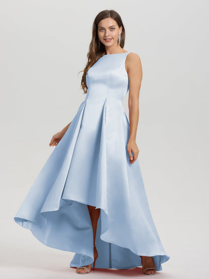 A-Line Sleeveless High Low Satin Bodice V-Back Bridesmaid Dress