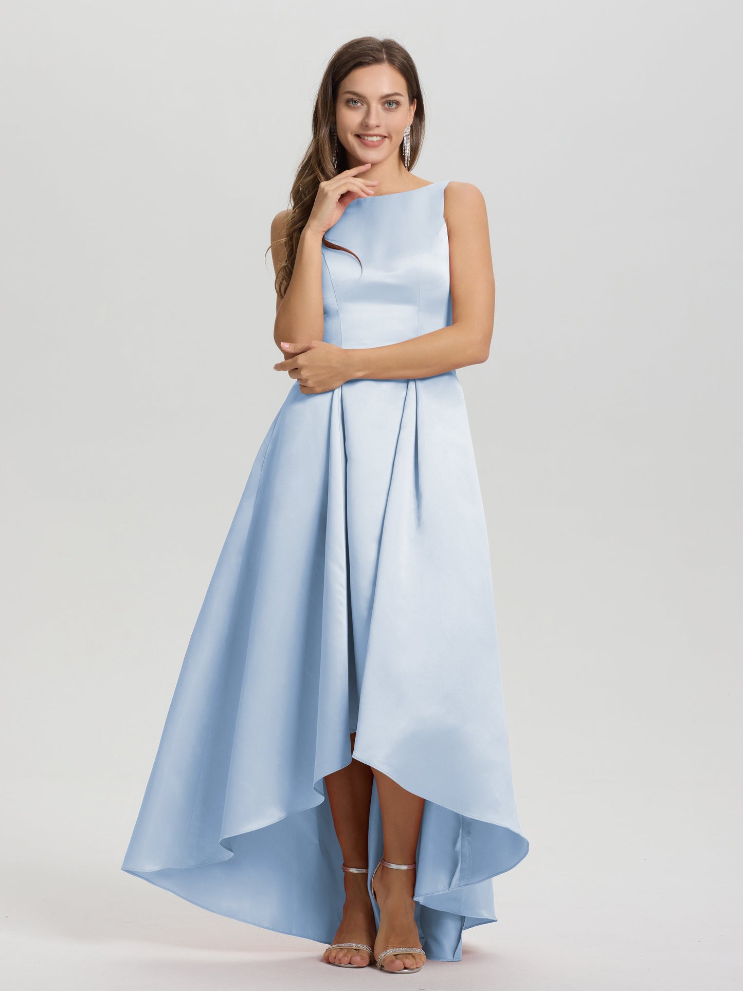A-Line Sleeveless High Low Satin Bodice V-Back Bridesmaid Dress