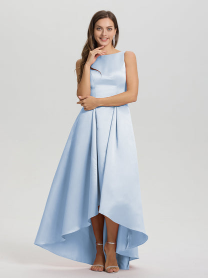 A-Line Sleeveless High Low Satin Bodice V-Back Bridesmaid Dress