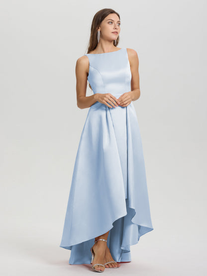 A-Line Sleeveless High Low Satin Bodice V-Back Bridesmaid Dress