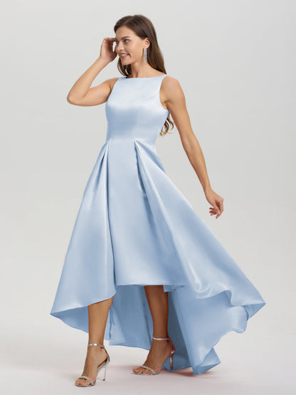 A-Line Sleeveless High Low Satin Bodice V-Back Bridesmaid Dress