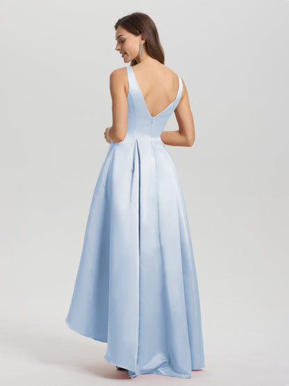 A-Line Sleeveless High Low Satin Bodice V-Back Bridesmaid Dress