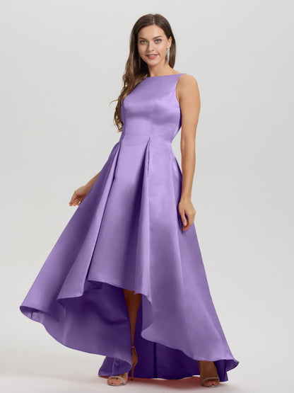 A-Line Sleeveless High Low Satin Bodice V-Back Bridesmaid Dress