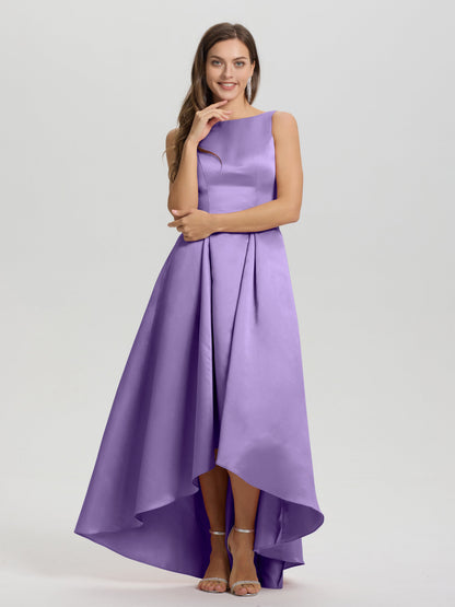 A-Line Sleeveless High Low Satin Bodice V-Back Bridesmaid Dress
