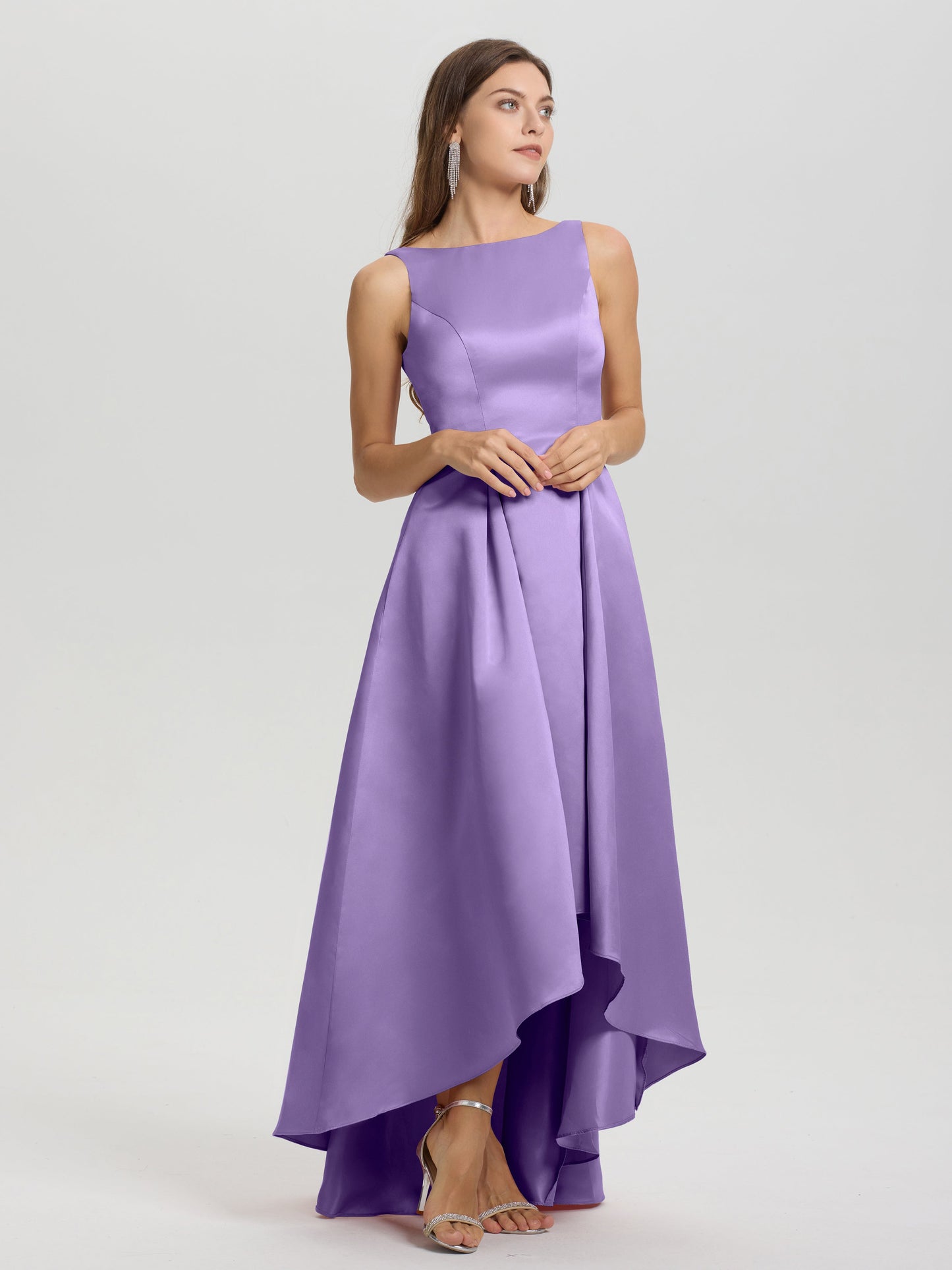 A-Line Sleeveless High Low Satin Bodice V-Back Bridesmaid Dress