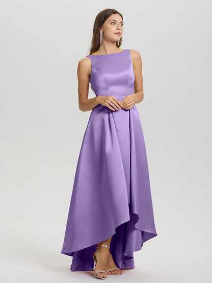 A-Line Sleeveless High Low Satin Bodice V-Back Bridesmaid Dress