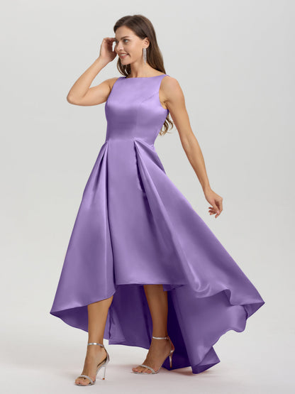 A-Line Sleeveless High Low Satin Bodice V-Back Bridesmaid Dress